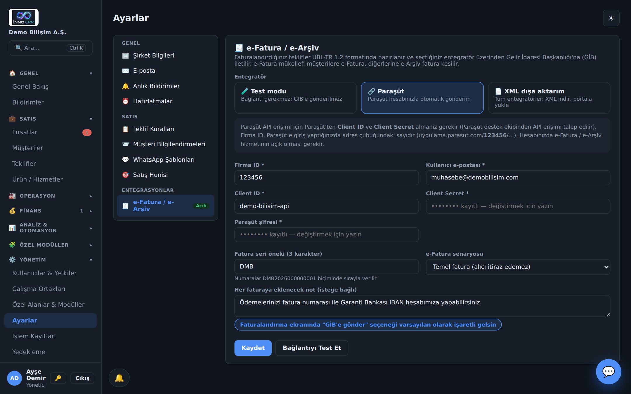 Ayarlar — e-Fatura entegrasyonu